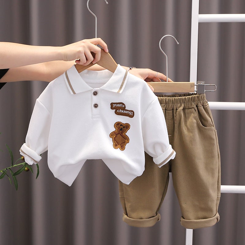Boys Handsome Autumn Dress Small and Medium-sized Childrens Autumn New Lapel Solid Color Styish Casual Cartoon Long Sleeve Sweatshirt Two-piece Set White