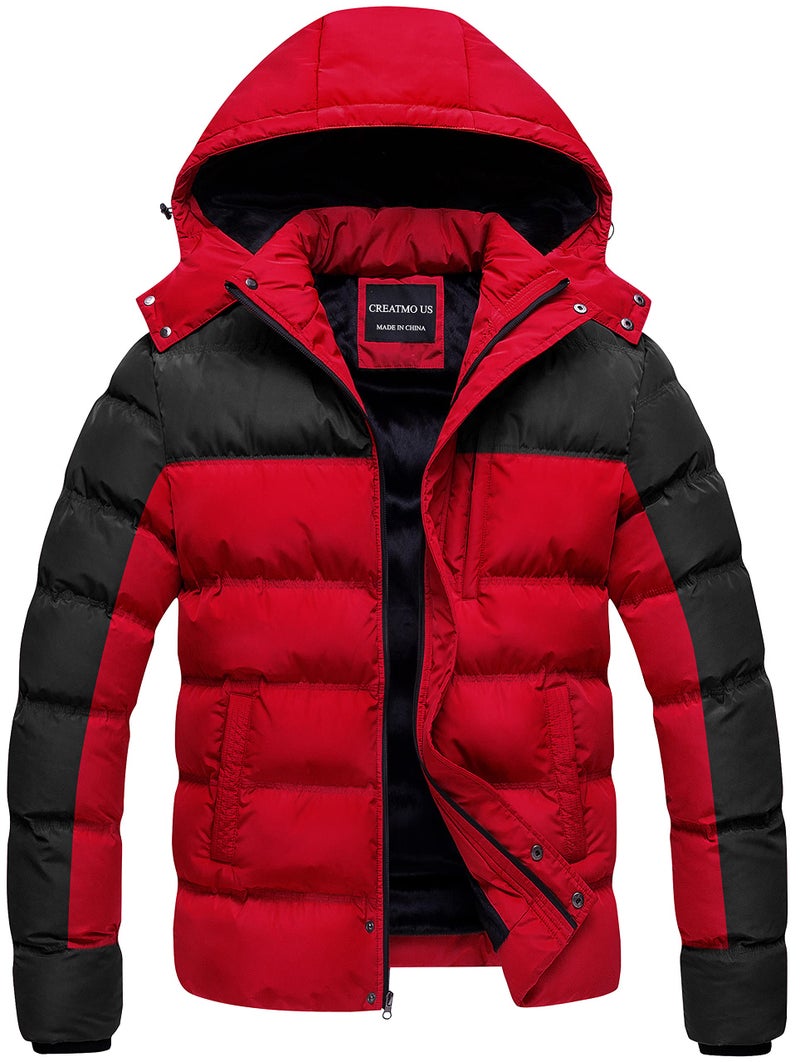 CREATMO US Men's Quilted Winter Coat Thicken Warm Padded Outwear Black & Red L - Image 1