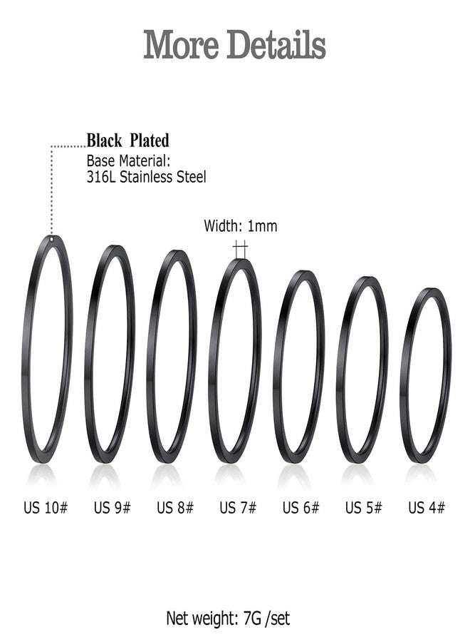 FOCALOOK Black Ring Set 1 mm Thin Mid Finger Rings 7 Pcs Black Knuckle Plain Band Rings for Women Thumb Stacking Rings Size 4-10 - Image 4