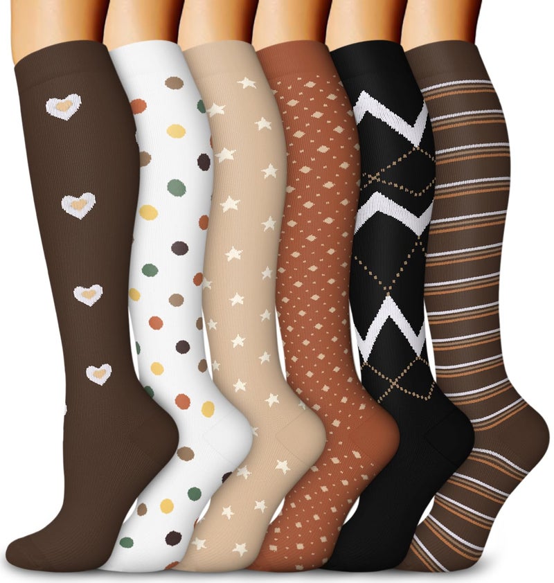 Aoliks Compression Socks for Women and Men, Knee High Support Stockings, Travel Essentials for Women, Comfortable Compression Socks for Traveling, Brown Color Set - Image 1