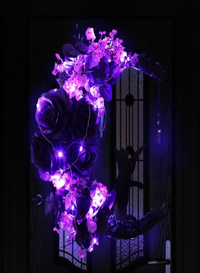 WGXIA Halloween Wreaths with Light for Front Door - Gothic Cat Moon Lighted Wreaths with Greenery Wildflower for Porch Wall Farmhouse Indoor Outdoor Decor 11.8 * 11 Inch (Purple (16 inch) - Image 3