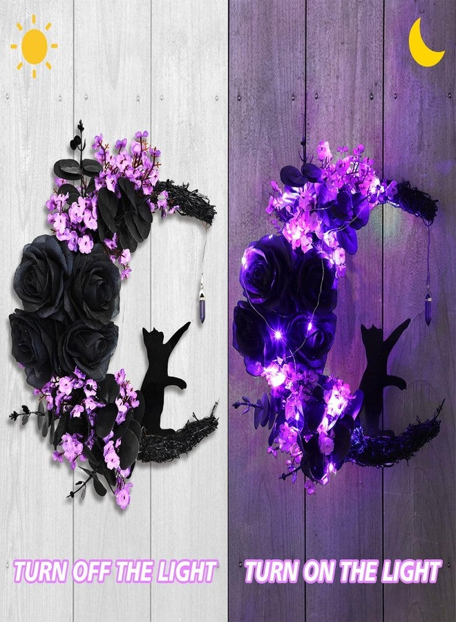 WGXIA Halloween Wreaths with Light for Front Door - Gothic Cat Moon Lighted Wreaths with Greenery Wildflower for Porch Wall Farmhouse Indoor Outdoor Decor 11.8 * 11 Inch (Purple (16 inch) - Image 2