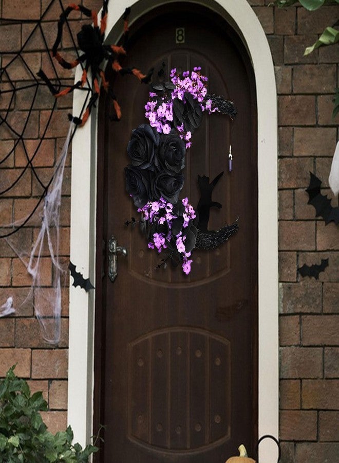 WGXIA Halloween Wreaths with Light for Front Door - Gothic Cat Moon Lighted Wreaths with Greenery Wildflower for Porch Wall Farmhouse Indoor Outdoor Decor 11.8 * 11 Inch (Purple (16 inch) - Image 5