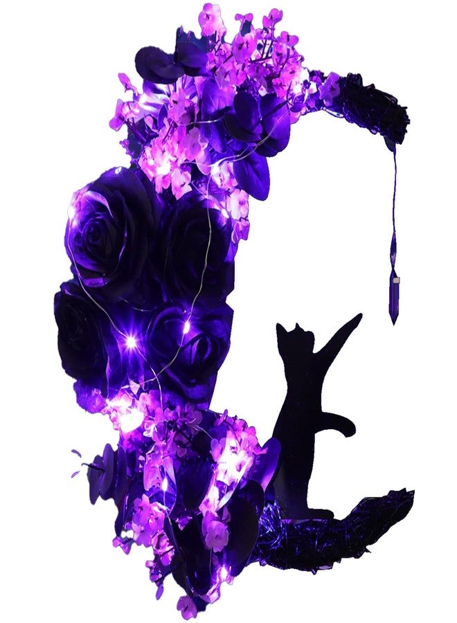 WGXIA Halloween Wreaths with Light for Front Door - Gothic Cat Moon Lighted Wreaths with Greenery Wildflower for Porch Wall Farmhouse Indoor Outdoor Decor 11.8 * 11 Inch (Purple (16 inch) - Image 1