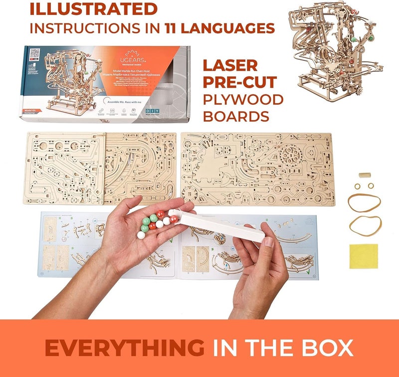 UGEARS Wooden Marble Run Chain Hoist - Mechanical 3D Wooden Puzzle for Adults, DIY Model Kit for Adults, Unique Puzzle - 3D Puzzle Marble Game Gifts - 400 Pieces - Image 5