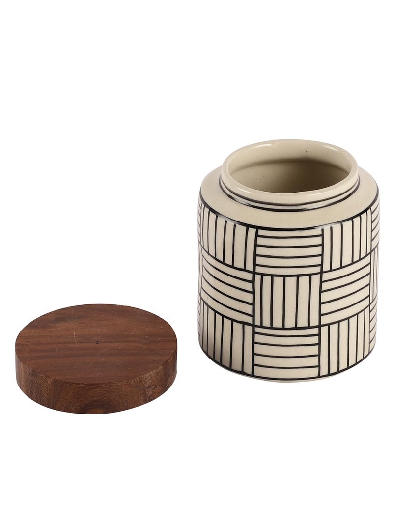 Miah Decor Ceramic Jars For Kitchen Storage With Wooden Lid Handpainted Line Design Tea Coffee Sugar Pickle Spices Stoneware Canister Food Storage Jar Box With Airtight Silicone Seal-Pack Of 1-780 Ml - Image 2