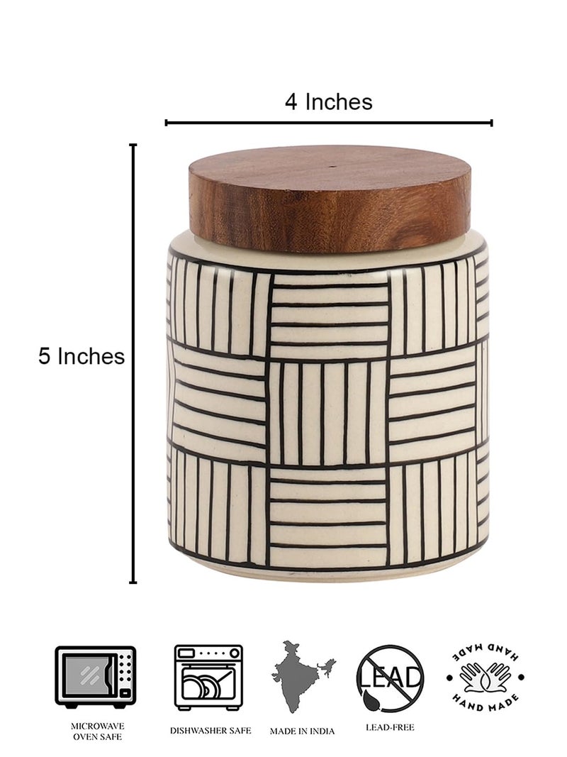 Miah Decor Ceramic Jars For Kitchen Storage With Wooden Lid Handpainted Line Design Tea Coffee Sugar Pickle Spices Stoneware Canister Food Storage Jar Box With Airtight Silicone Seal-Pack Of 1-780 Ml - Image 4