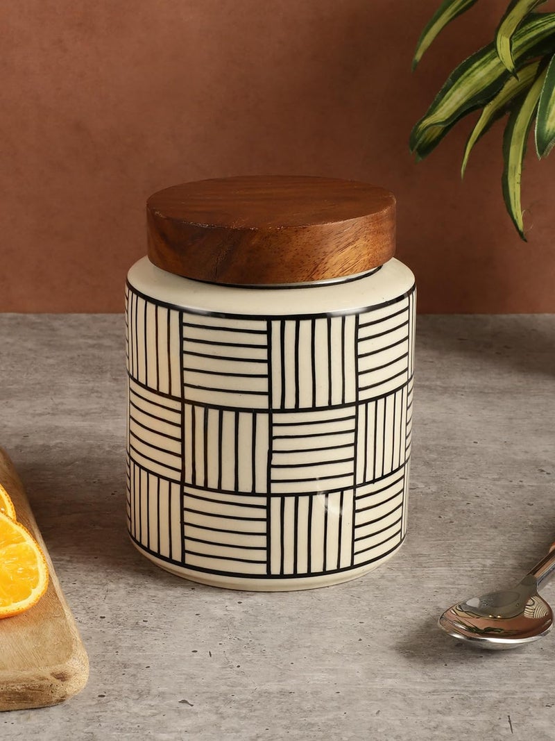 Miah Decor Ceramic Jars For Kitchen Storage With Wooden Lid Handpainted Line Design Tea Coffee Sugar Pickle Spices Stoneware Canister Food Storage Jar Box With Airtight Silicone Seal-Pack Of 1-780 Ml - Image 5