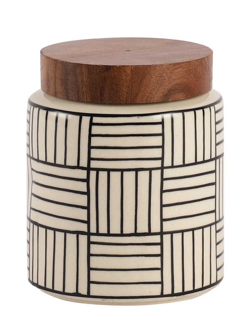 Miah Decor Ceramic Jars For Kitchen Storage With Wooden Lid Handpainted Line Design Tea Coffee Sugar Pickle Spices Stoneware Canister Food Storage Jar Box With Airtight Silicone Seal-Pack Of 1-780 Ml - Image 3