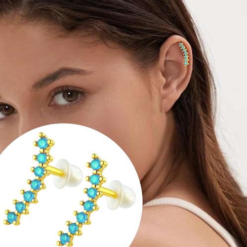 VAMA FASHIONS 18K Plated Climber Earrings with CZ 7 Stones Anti Tarnish Lightweight Ear Stud Climber Jewelry for Women & Girls (Gold Plated Blue stone Stud Earring) - Image 2