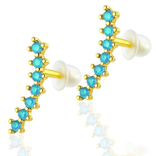 VAMA FASHIONS 18K Plated Climber Earrings with CZ 7 Stones Anti Tarnish Lightweight Ear Stud Climber Jewelry for Women & Girls (Gold Plated Blue stone Stud Earring) - Image 1