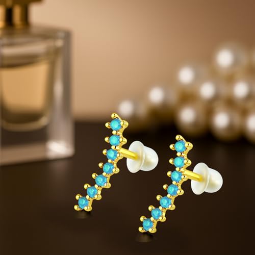 VAMA FASHIONS 18K Plated Climber Earrings with CZ 7 Stones Anti Tarnish Lightweight Ear Stud Climber Jewelry for Women & Girls (Gold Plated Blue stone Stud Earring) - Image 4
