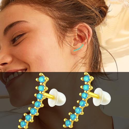 VAMA FASHIONS 18K Plated Climber Earrings with CZ 7 Stones Anti Tarnish Lightweight Ear Stud Climber Jewelry for Women & Girls (Gold Plated Blue stone Stud Earring) - Image 5