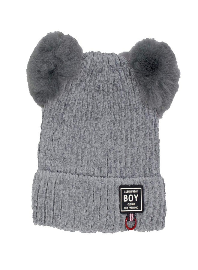 V3E قبعة صوفية محبوكة للأطفال من الأولاد والبنات V3E بوم بوم مزدوج مع آذان فأر كرتوني (رمادي) - Image 1