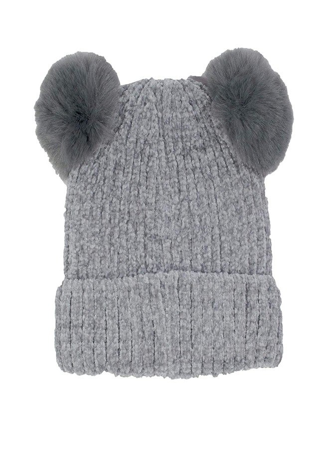 V3E قبعة صوفية محبوكة للأطفال من الأولاد والبنات V3E بوم بوم مزدوج مع آذان فأر كرتوني (رمادي) - Image 2