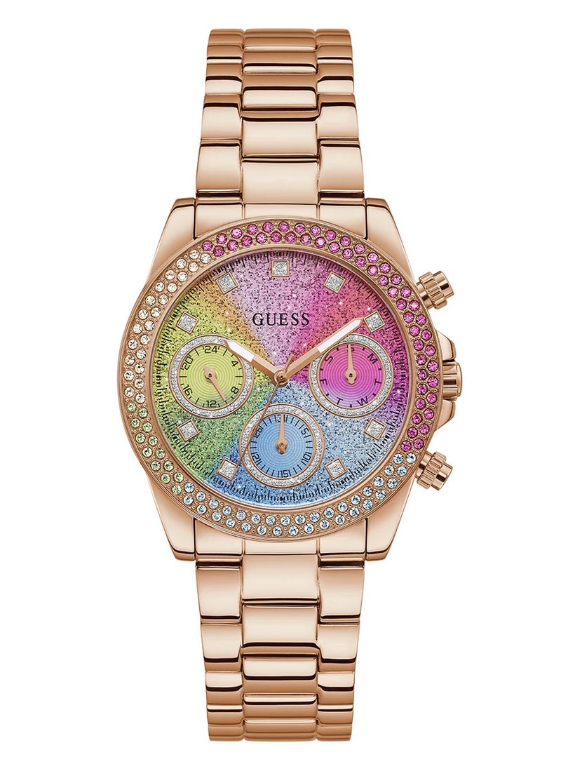 GUESS ساعة متعددة الوظائف باللون الوردي الذهبي وأومبر للنساء GW0483L3  - Image 1