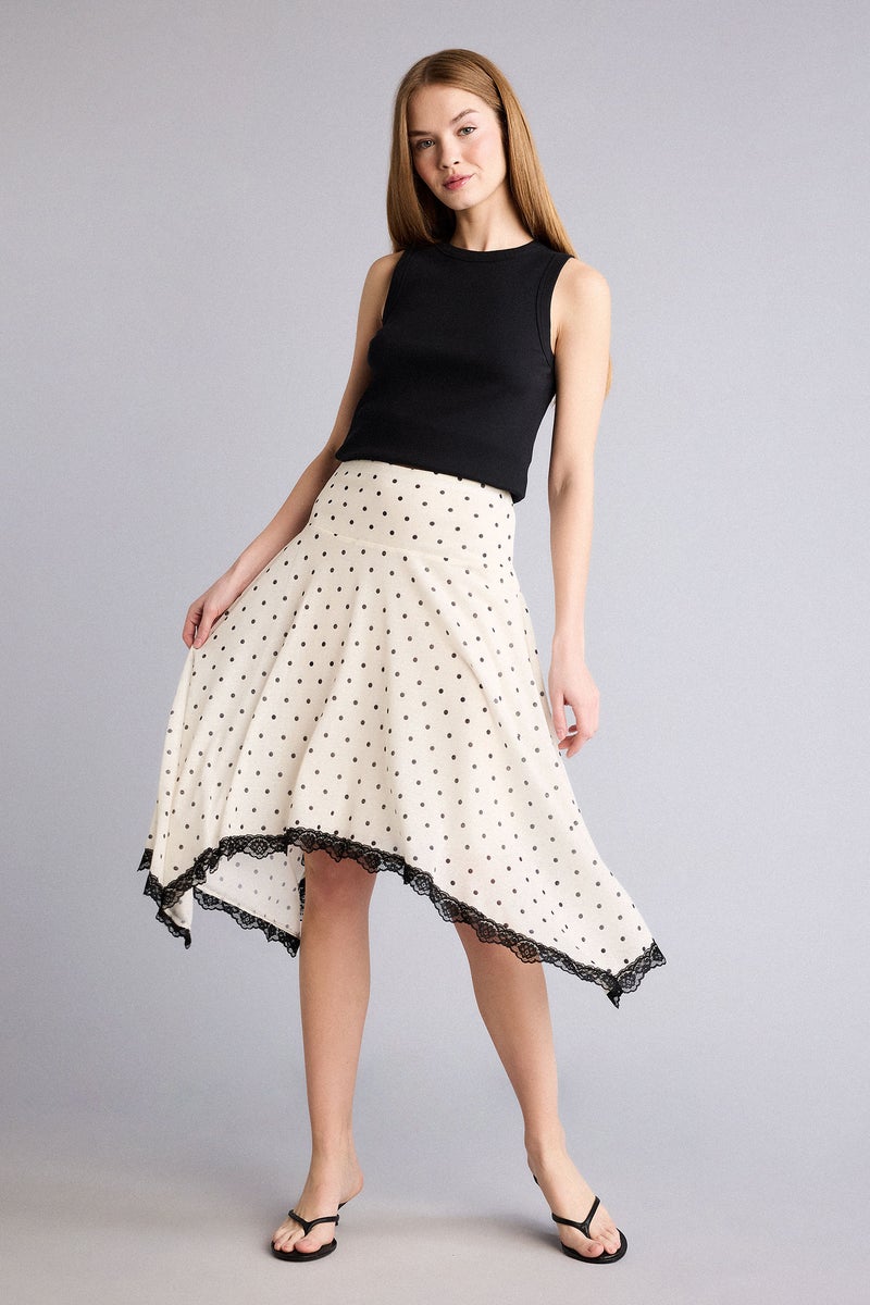 DeFacto Beige Woman Polka Dot Crepe Normal Waist Midi Knitted Skirt Casual - Image 1