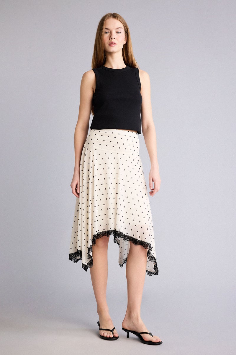 DeFacto Beige Woman Polka Dot Crepe Normal Waist Midi Knitted Skirt Casual - Image 2