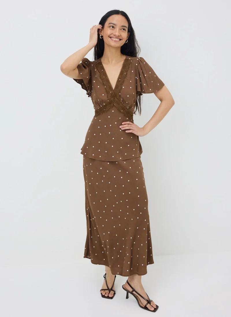 ماتلان Chocolate Brown Spot Lace Trim Co Ord Tea Top