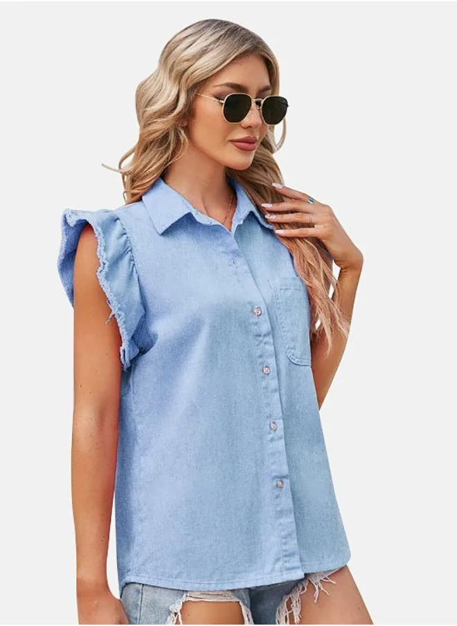 YUNIQEE Blue Collared Cap Sleeve Shirt