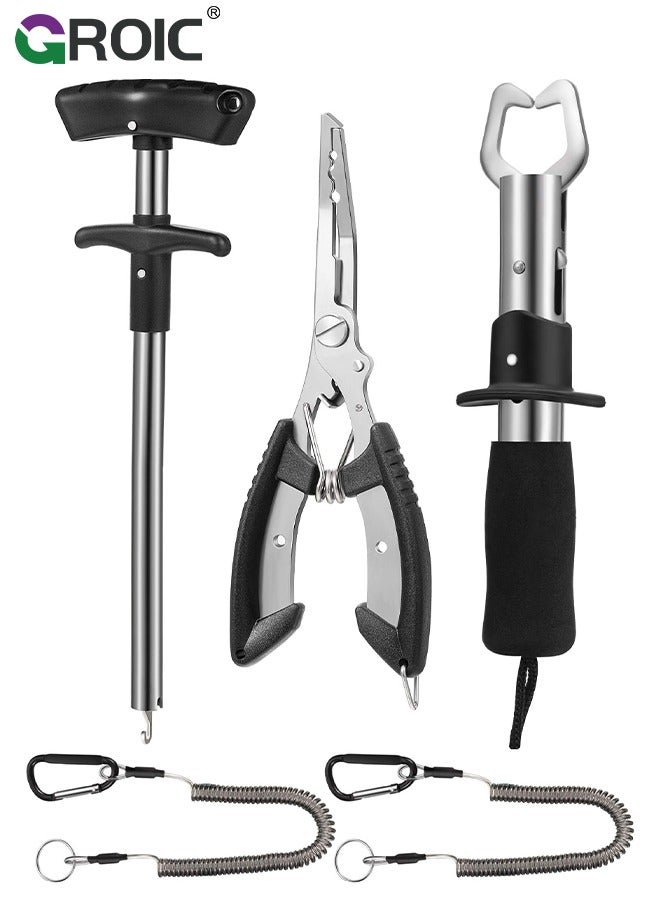 GROIC 5 Pcs Fishing Tool Kit, Fishing Pliers, Fish Lip Gripper or Fish Scale Combo Saltwater Resistant Fishing Tools, Fishing Gear with Rubber Handle, Lanyard Fish Hook Separator for Saltwater Freshwater - Image 1
