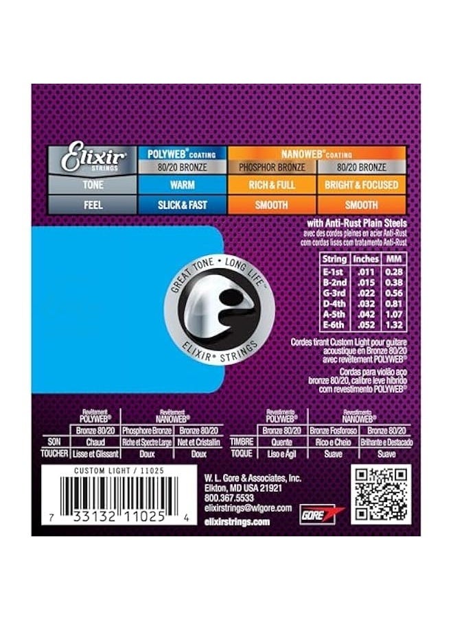 ELIXIR - Strings, Acoustic Guitar Strings, 80/20 Bronze with POLYWEB Coating, Longest-Lasting Warm Tone with Comfortable Feel, 6 String Set, Custom Light 11-52 - Image 1