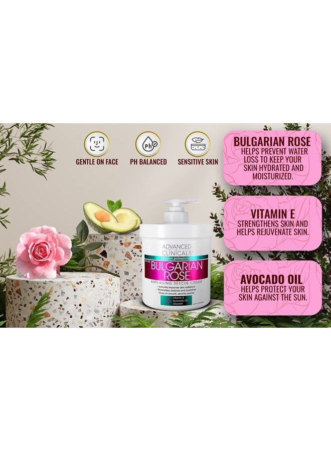 Advanced Clinicals كريم إنقاذ مضاد للشيخوخة من الورد البلغاري للوجه والجسم، لوشن مرطب للعناية بالبشرة، مرطب للبشرة الجافة، بقع العمر، وتحسين إشراقة البشرة، حجم كبير 16 أونصة - Image 2