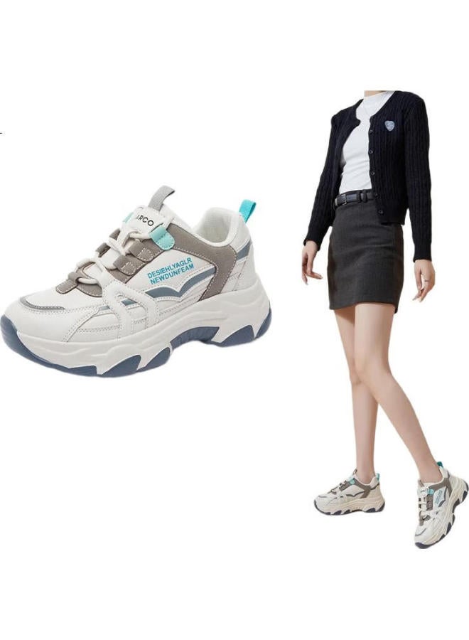 YEARCON Women'S Chunky Sneakers Leather Breathable Casual Sports Shoes Lightweight Thick-Soled Shoes E63301754 Blue 35 - Image 3