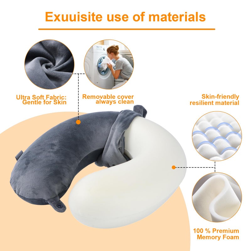 Far win Travel Pillow,100% Pure Memory Foam U Shaped Neck Pillow,Super Lightweight Portable Headrest Great for Airplane, Car,Home,Office,Sleeping Rest (Grey) - Image 4