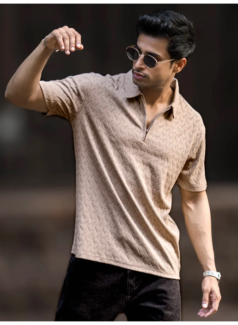 Maniac  Maniac Mens half zipper ralph textured polo neck half sleeve beige cotton polo t-shirt for Men | Best Price UAE