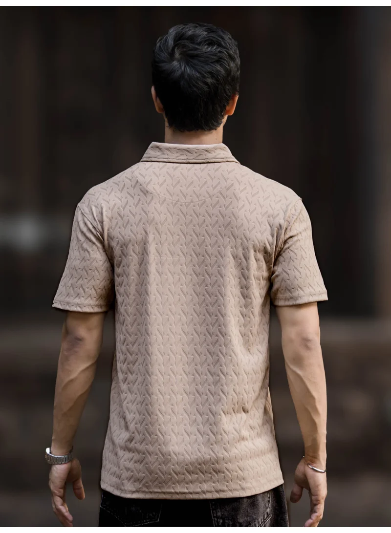 Maniac  Maniac Mens half zipper ralph textured polo neck half sleeve beige cotton polo t-shirt for Men | Best Price UAE