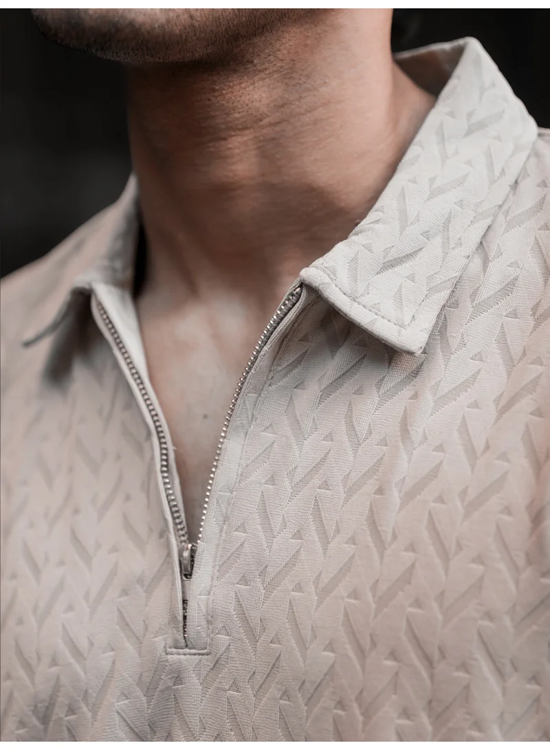 Maniac  Maniac Mens half zipper ralph textured polo neck half sleeve beige cotton polo t-shirt for Men | Best Price UAE