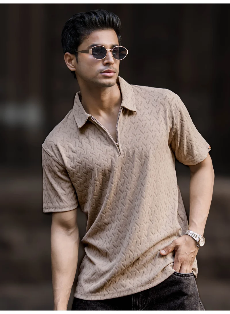 مانياك تيشيرت بولو رجالي مانياك بنصف سحاب ورقبة بولو بنقشة راالف قطن بيج نصف كم