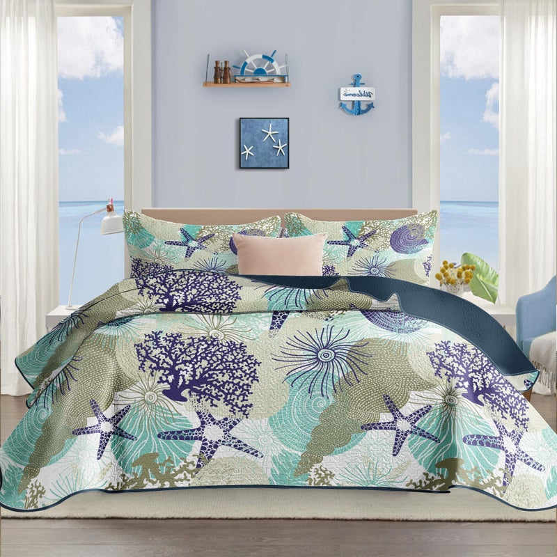 Tritard 3 Piece Coastal Quilt Sets Full/Queen Size - Reversible Microfiber Quilts with 2 Shams Soft Lightweight Beach Bedding Nautical Bedspread Coverlet Summer Comforter for All Season, 90''x96'', C6 - Image 1