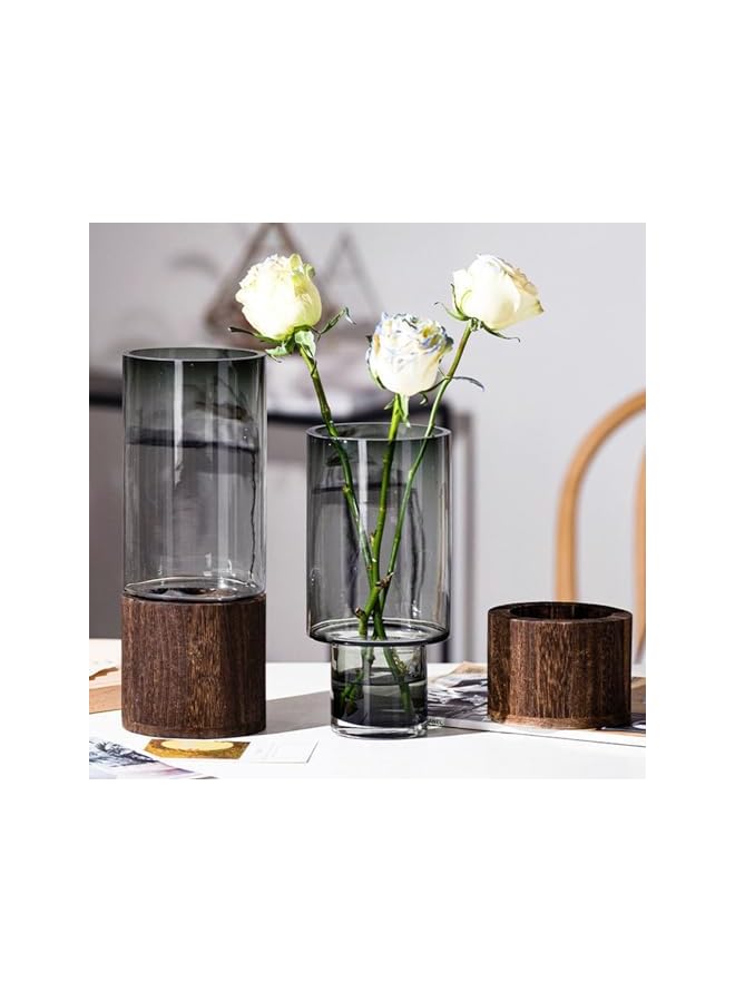 The Bros Glass Flower Vase with Wooden Base, Light Luxury Grey Vases, Classic Cylindrical Vases, Decorative Vase for Wedding Centerpieces Dinner Table Party Living Room Table Shelf Decor (Large) - Image 3