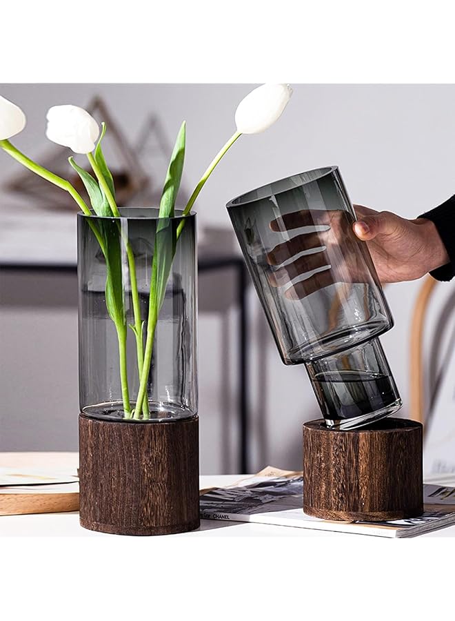The Bros Glass Flower Vase with Wooden Base, Light Luxury Grey Vases, Classic Cylindrical Vases, Decorative Vase for Wedding Centerpieces Dinner Table Party Living Room Table Shelf Decor (Large) - Image 1