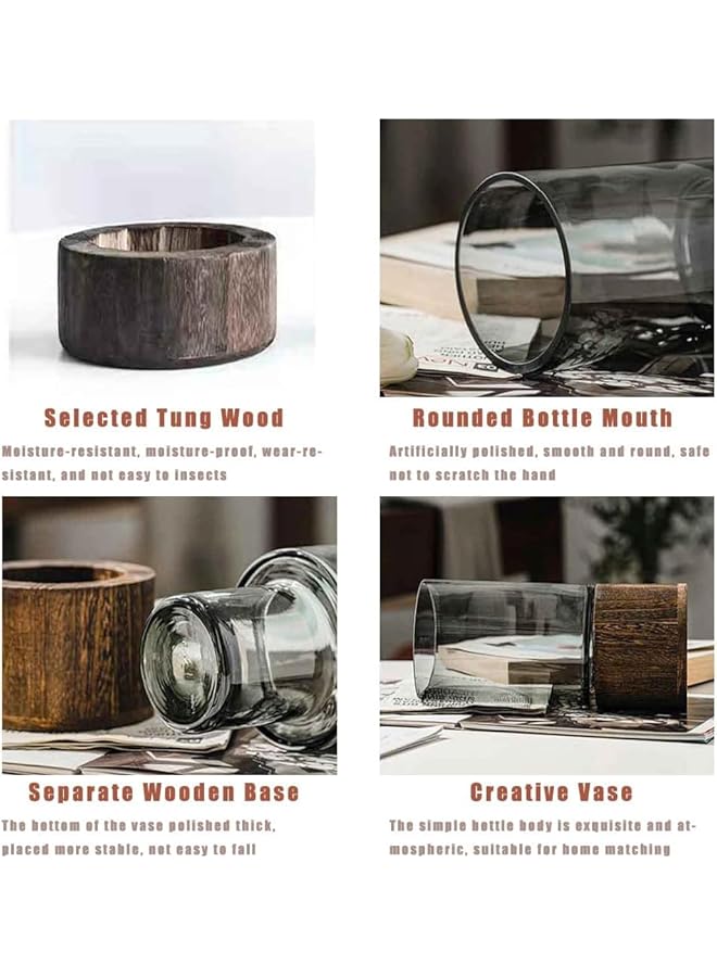 The Bros Glass Flower Vase with Wooden Base, Light Luxury Grey Vases, Classic Cylindrical Vases, Decorative Vase for Wedding Centerpieces Dinner Table Party Living Room Table Shelf Decor (Large) - Image 2