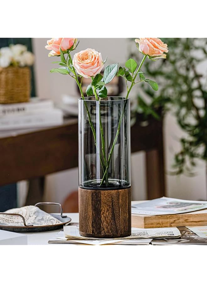 The Bros Glass Flower Vase with Wooden Base, Light Luxury Grey Vases, Classic Cylindrical Vases, Decorative Vase for Wedding Centerpieces Dinner Table Party Living Room Table Shelf Decor (Large) - Image 4