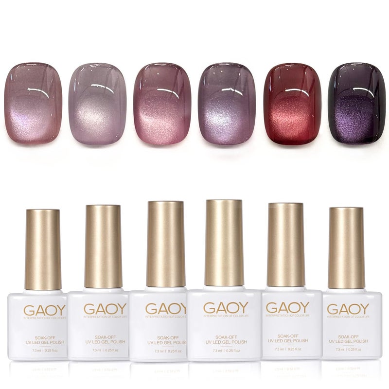 GAOY Purple Cat Eye Gel Polish Set, 6 Cosmic Violet Shades with Magnetic Glitter Effec, Galactic Glitter Gel for Mystic Nail Art - Image 1