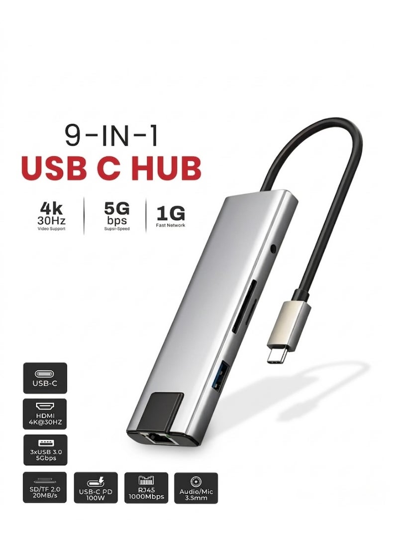 Ashyai 9-in-1 Multiport Usb-C Hub CP-91  3xUSB 3.0 Port, 4K HDMI Output (30Hz),SD & TF Card Slots,USB-C Power Delivery (100W),3.5mm Audio/Mic Jack - Image 1