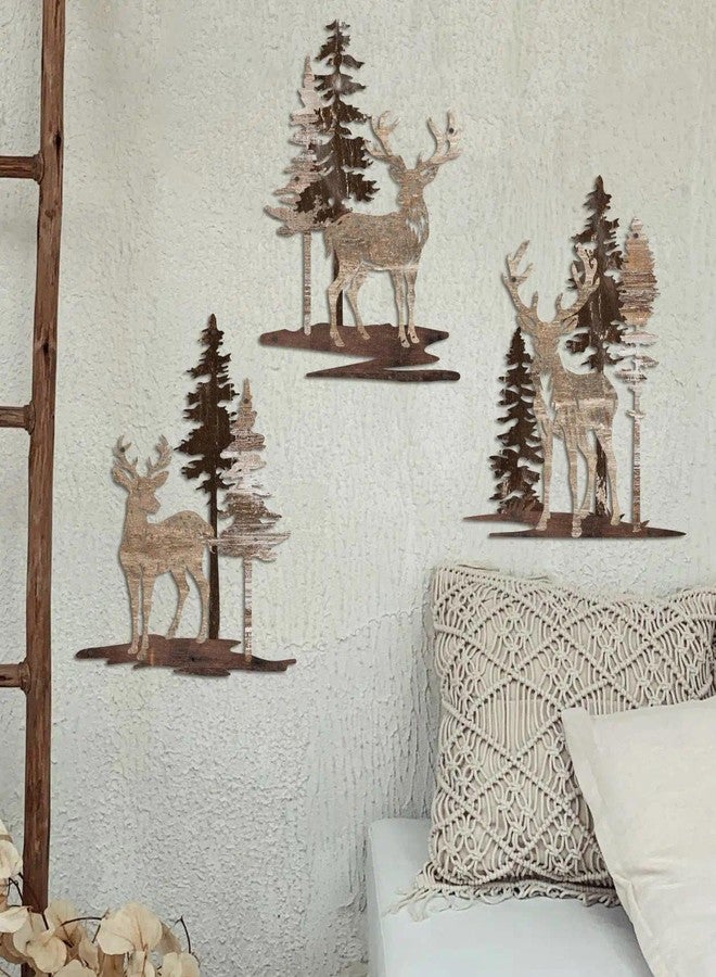 Putuo Decor مجموعة ديكورات جدارية من ثلاث قطع على شكل غزلان من بوتو ديكور، ديكور جداري معدني ريفي على شكل حيوانات الغابة مع أشجار لغرفة المعيشة، غرفة النوم، المكتب، الكابينة، النزل - Image 3