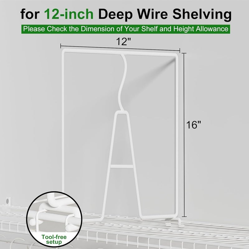 SortNStore Wire Shelf Dividers for Closet: 16-inch Tall 12-inch Deep 6 Pack Wire Rack Accessories - Adjustable Purse Organizer for Sweaters Clothes Towels- Metal Linen Closet Pantry Separators - Image 2