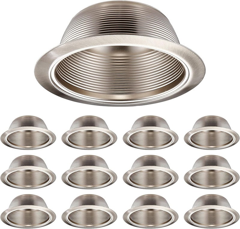TORCHSTAR 12-Pack 6 Inch Stylish Decor Recessed Light Trim, Step Baffle with Detachable Ring, Full Metal, Fit Halo/Juno Remodel Housing, Satin Nickel - Image 1