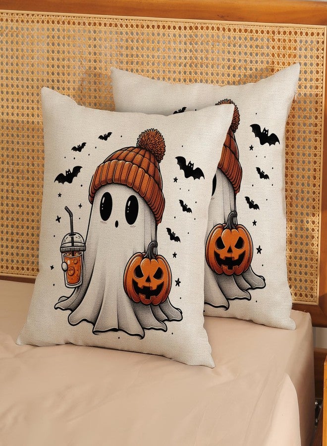 JEFERSO Halloween Pillow Covers 24x24 Set of 2 Pumpkin Black Bats Cute Ghost Throw Pillow Covers Halloween Decorations Outdoor Pillowcase for Halloween Home Decor Linen Cushion Case for Couch Sofa - Image 3