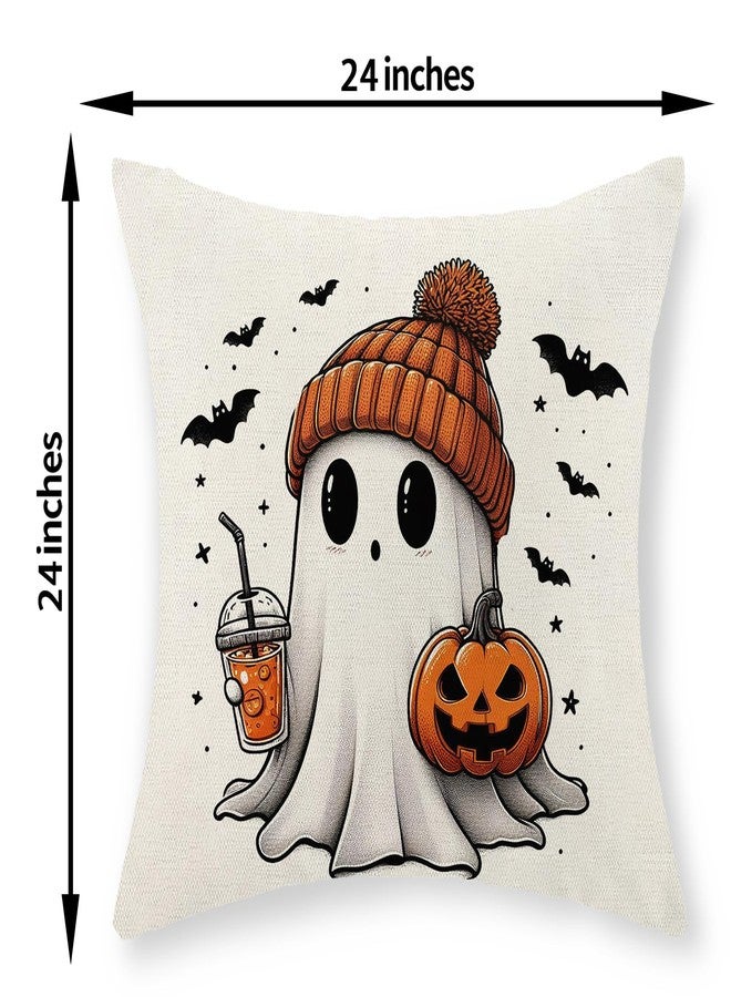 JEFERSO Halloween Pillow Covers 24x24 Set of 2 Pumpkin Black Bats Cute Ghost Throw Pillow Covers Halloween Decorations Outdoor Pillowcase for Halloween Home Decor Linen Cushion Case for Couch Sofa - Image 2