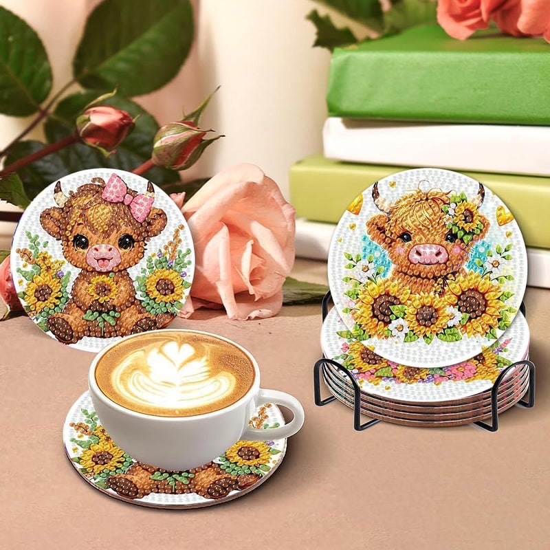 Fotasmua 8 Pcs Cow Diamond Painting Coasters with Holder, Highland Cow Diamond Painting Kits, Cute Cow Diamond Art Coasters, 5D DIY Full Drill Diamond Dots, Diamond Art Kits for Adults Crafts Supplies - Image 2