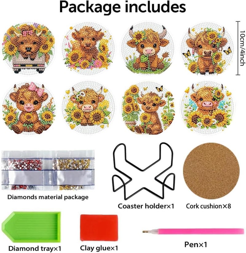 Fotasmua 8 Pcs Cow Diamond Painting Coasters with Holder, Highland Cow Diamond Painting Kits, Cute Cow Diamond Art Coasters, 5D DIY Full Drill Diamond Dots, Diamond Art Kits for Adults Crafts Supplies - Image 5