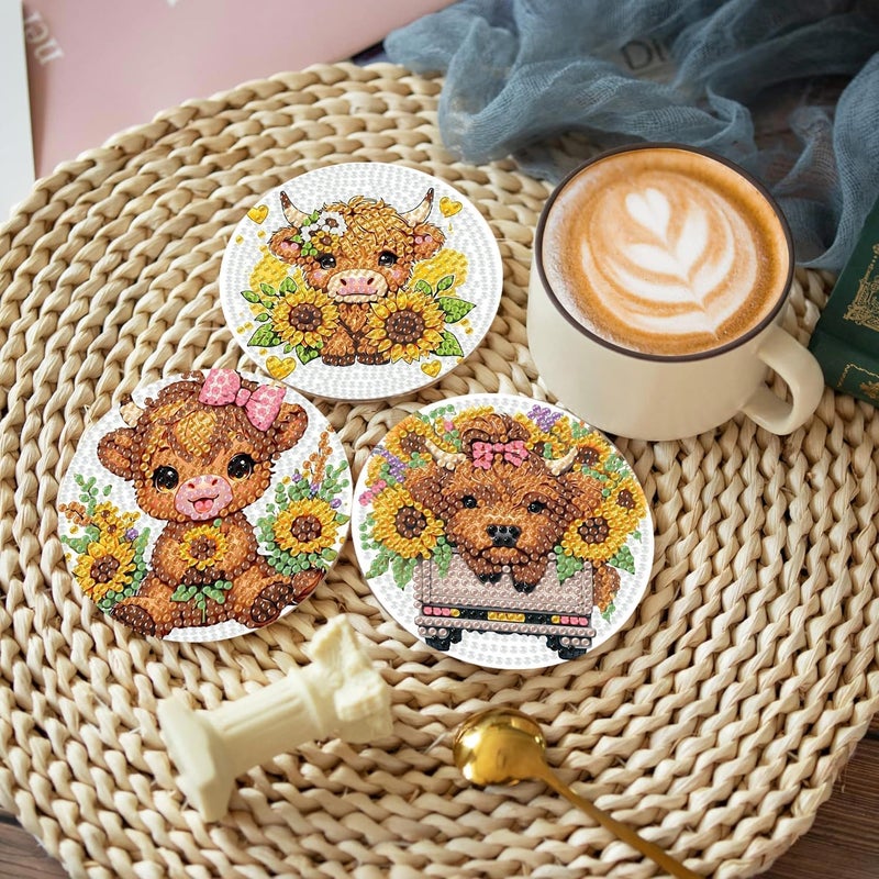 Fotasmua 8 Pcs Cow Diamond Painting Coasters with Holder, Highland Cow Diamond Painting Kits, Cute Cow Diamond Art Coasters, 5D DIY Full Drill Diamond Dots, Diamond Art Kits for Adults Crafts Supplies - Image 4