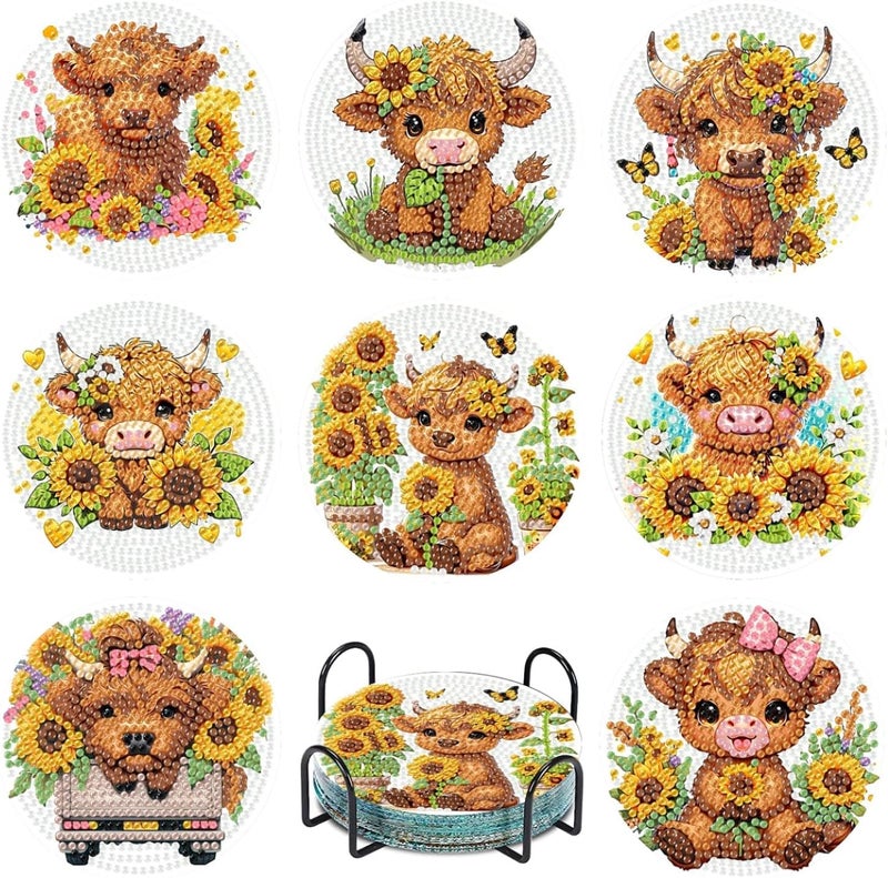 Fotasmua 8 Pcs Cow Diamond Painting Coasters with Holder, Highland Cow Diamond Painting Kits, Cute Cow Diamond Art Coasters, 5D DIY Full Drill Diamond Dots, Diamond Art Kits for Adults Crafts Supplies - Image 1