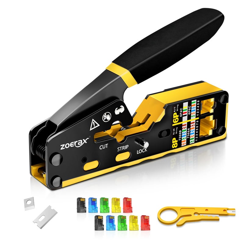 Zoerax Rj45 Crimping Tool Ethernet Crimp Tool Crimper For Rj11/Rj12 Standard  Rj45 Pass Through Connectors  Yellow - Image 1